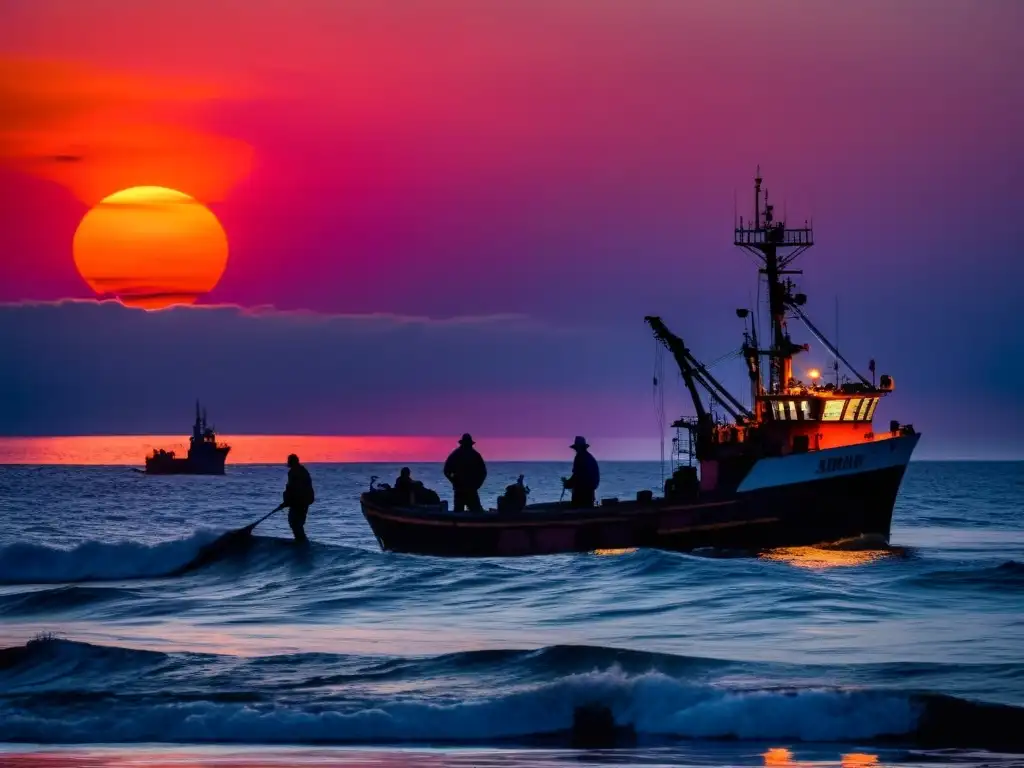 Confrontación al Amanecer: Pesca vs Imagen impactante de conflicto entre pescadores locales y barco industrial en aguas profundas al amanecer, reflejando la lucha por recursos marinos