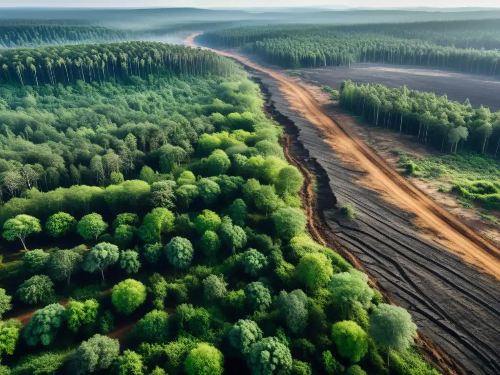 Imagen impactante de deforestación con devastador contraste entre la exuberante selva virgen y el paisaje árido dejado por la actividad humana