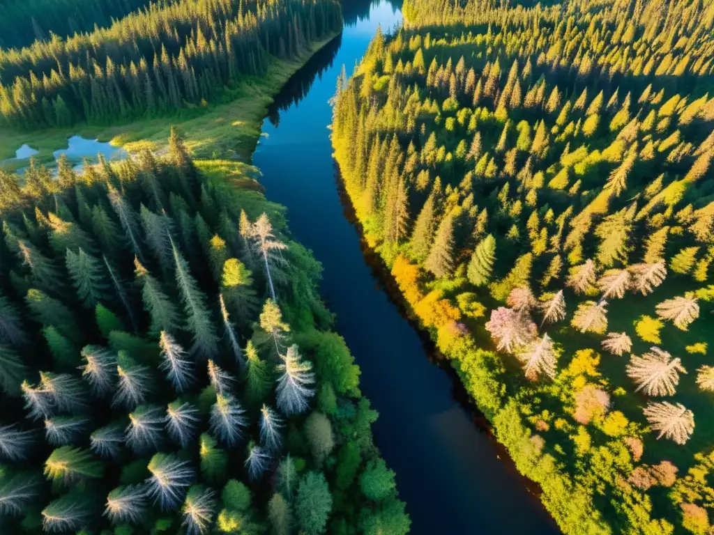 Imagen impactante de la densa y antigua taiga boreal capturada durante la hora dorada, con un paisaje sereno y exuberante