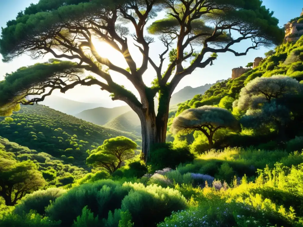 Imagen impactante de un denso bosque mediterráneo con un majestuoso árbol de Carrasca, vida silvestre y la rica biodiversidad de árboles endémicos