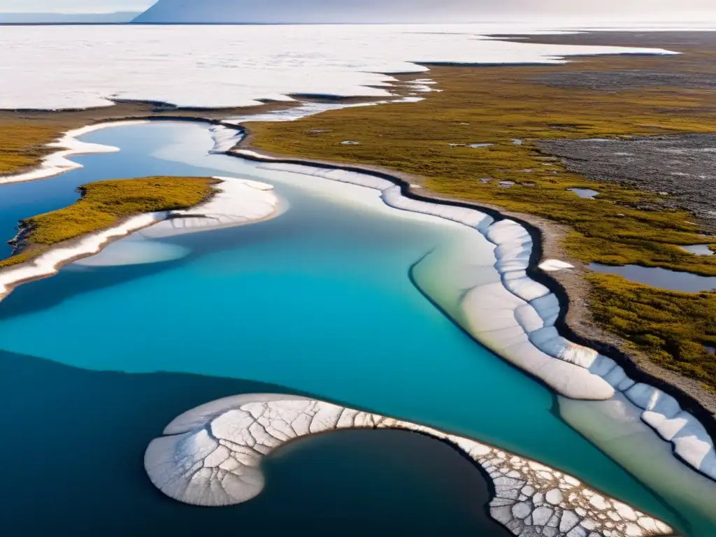 Imagen impactante del deshielo del permafrost en el ecosistema ártico, con hielo derretido y tundra vibrante