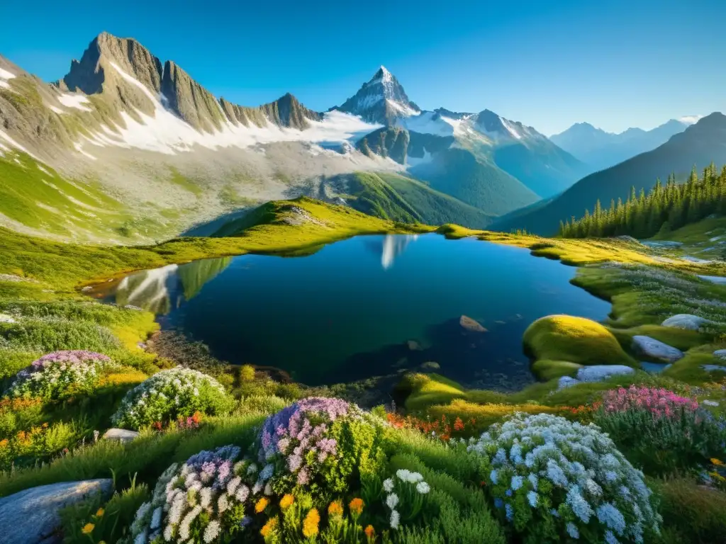 Imagen impactante de un ecosistema alpino biodiverso y sorprendente, con flores silvestres, lagos y picos nevados