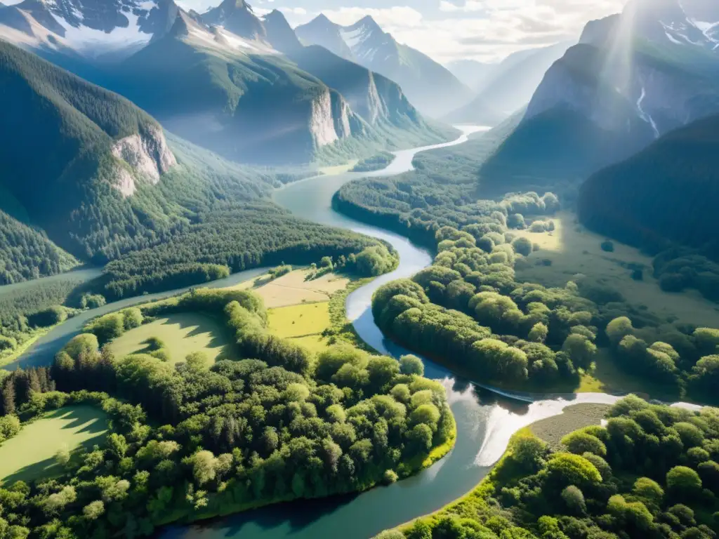 Imagen impactante de un ecosistema diverso, con bosques verdes exuberantes, ríos sinuosos y montañas nevadas al fondo