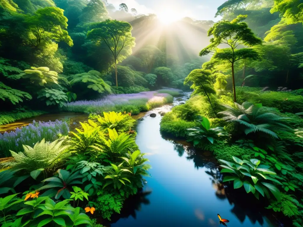 Imagen impactante de un ecosistema diverso y exuberante, con flora y fauna vibrante en armonía