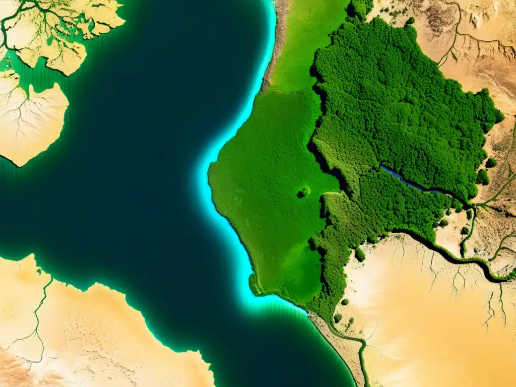 Imagen impactante de un ecosistema fluvial alterado por el cambio climático, mostrando la transformación de exuberancia a desolación