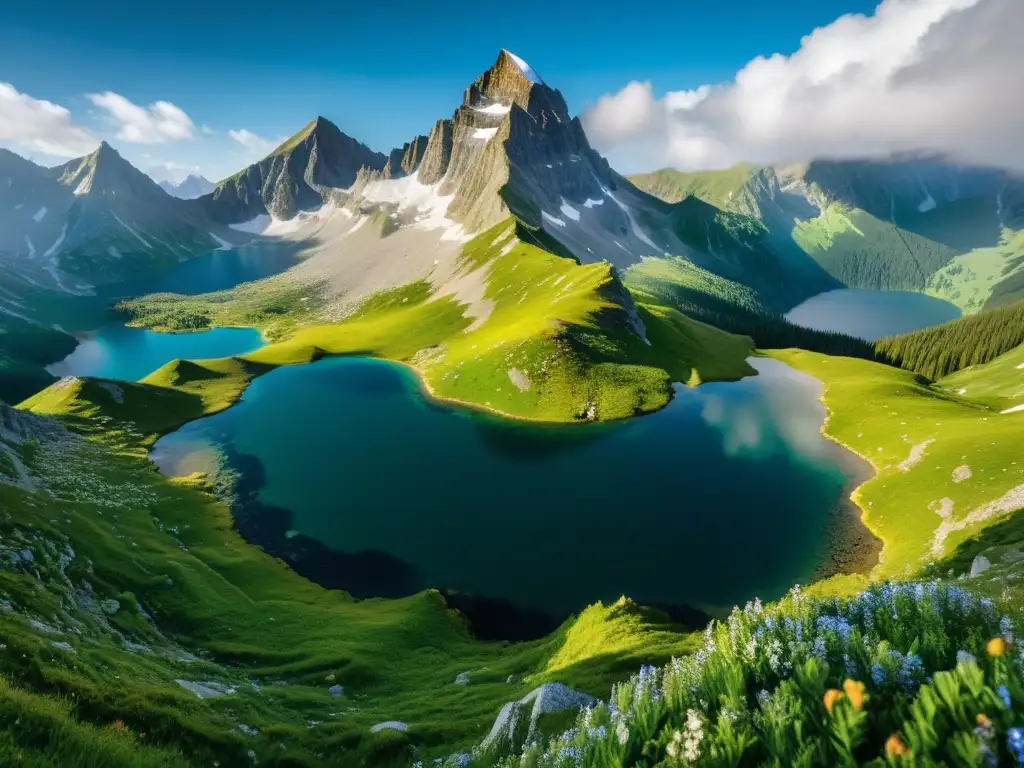 Imagen impactante de un ecosistema de montaña, con un lago alpino cristalino y exuberante vegetación