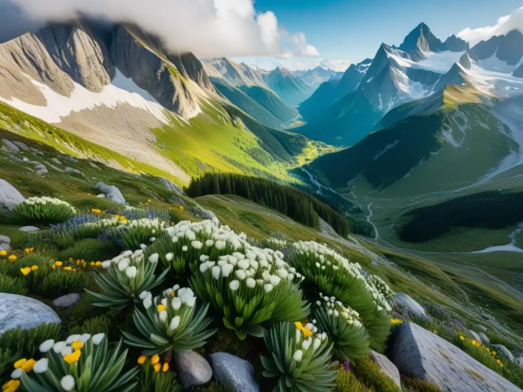 Imagen impactante de ecosistema de alta montaña, con picos nevados, flora y fauna alpinas