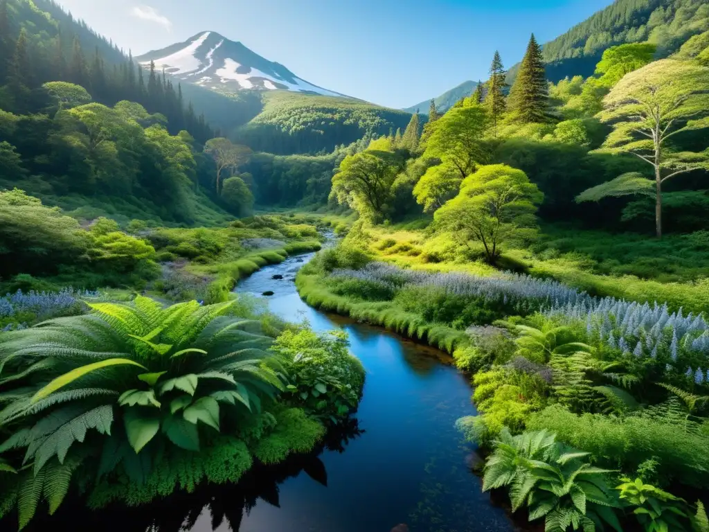 Imagen impactante de un ecosistema restaurado y diverso, con un exuberante bosque, flores silvestres y un arroyo