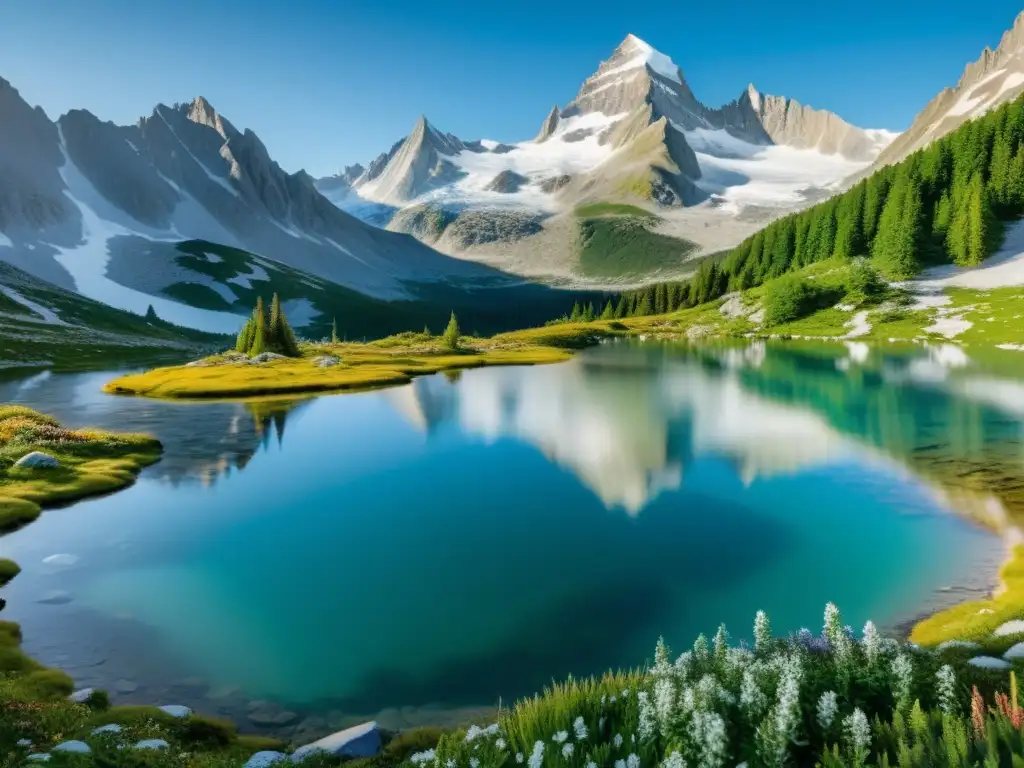 Imagen impactante de ecosistemas alpinos, con lago glacial y montañas nevadas