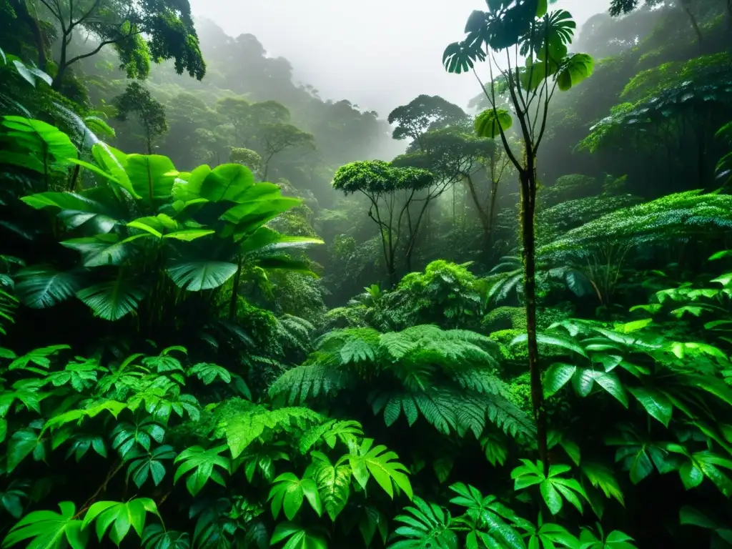 Imagen impactante de ecosistemas tropicales durante el monzón, con exuberante vegetación y atmósfera etérea