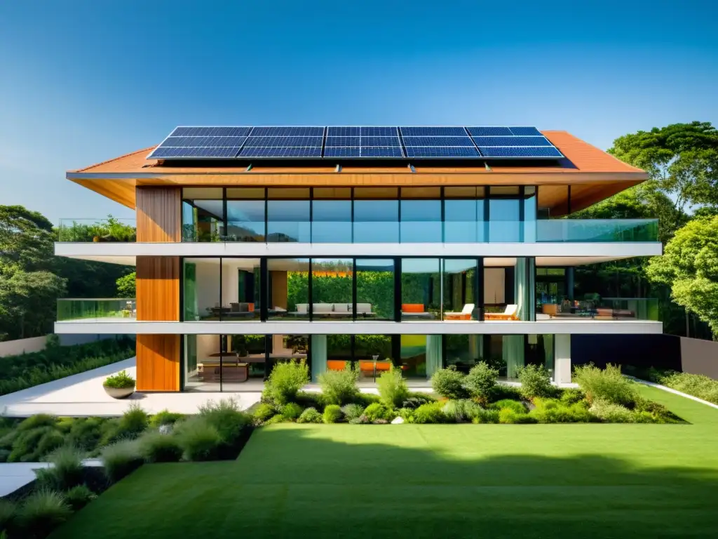 Imagen impactante de un edificio sostenible con certificaciones LEED, rodeado de naturaleza, paneles solares y ventanas para la luz natural