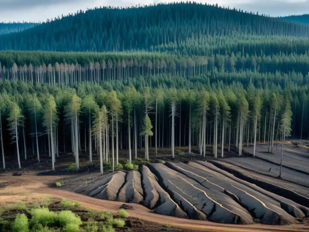 Imagen impactante de una extensa área deforestada con el cielo nublado que enfatiza la huella de carbono