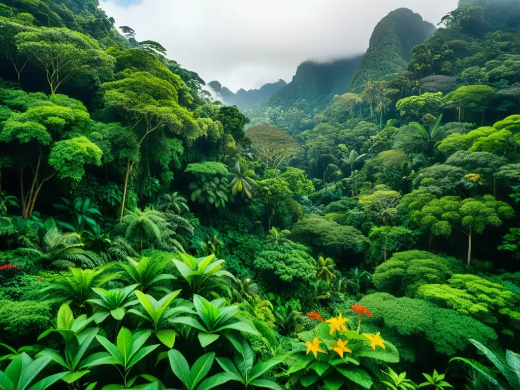 Imagen impactante de un exuberante y biodiverso bosque lluvioso, resaltando la importancia de la economía ecológica en políticas públicas