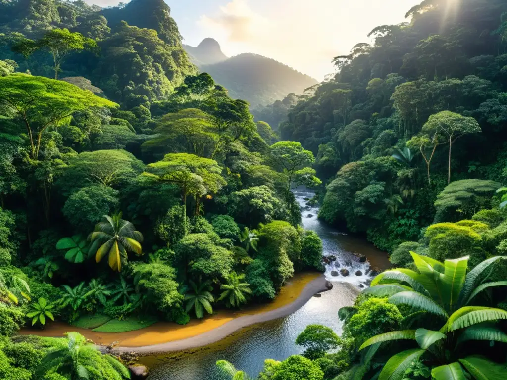 Imagen impactante de un exuberante bosque tropical, con diversa vida silvestre y flora en detalle