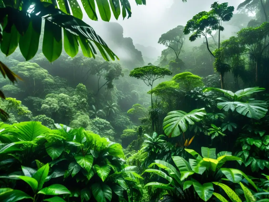 Imagen impactante de un exuberante bosque tropical durante la temporada de monzones, con vegetación vibrante y atmósfera inmersiva