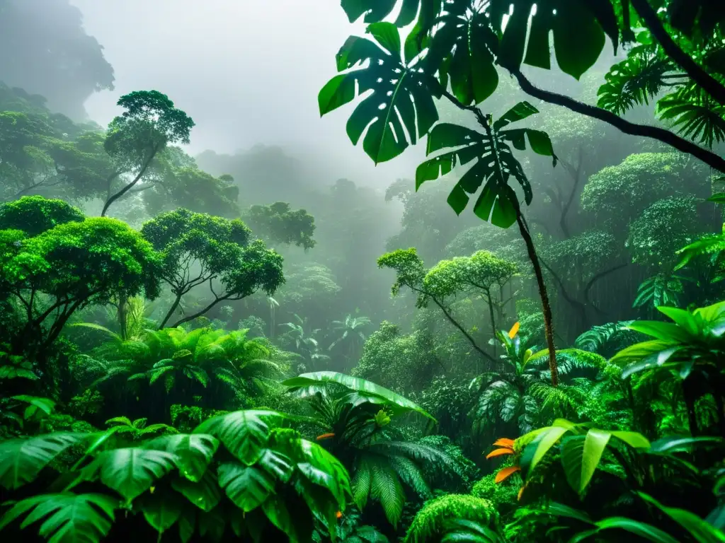 Imagen impactante de un exuberante bosque tropical durante la temporada de monzones, con una atmósfera mística y una fauna diversa