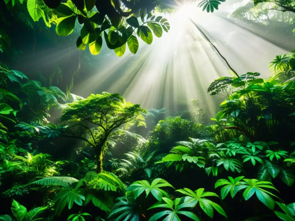 Imagen impactante de un exuberante bosque lluvioso, con árboles imponentes, diversidad de plantas y luz solar entre las copas