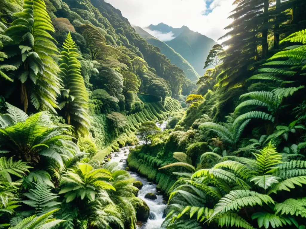 Imagen impactante de un exuberante bosque en Nueva Zelanda, con árboles nativos, helechos vibrantes y un arroyo cristalino