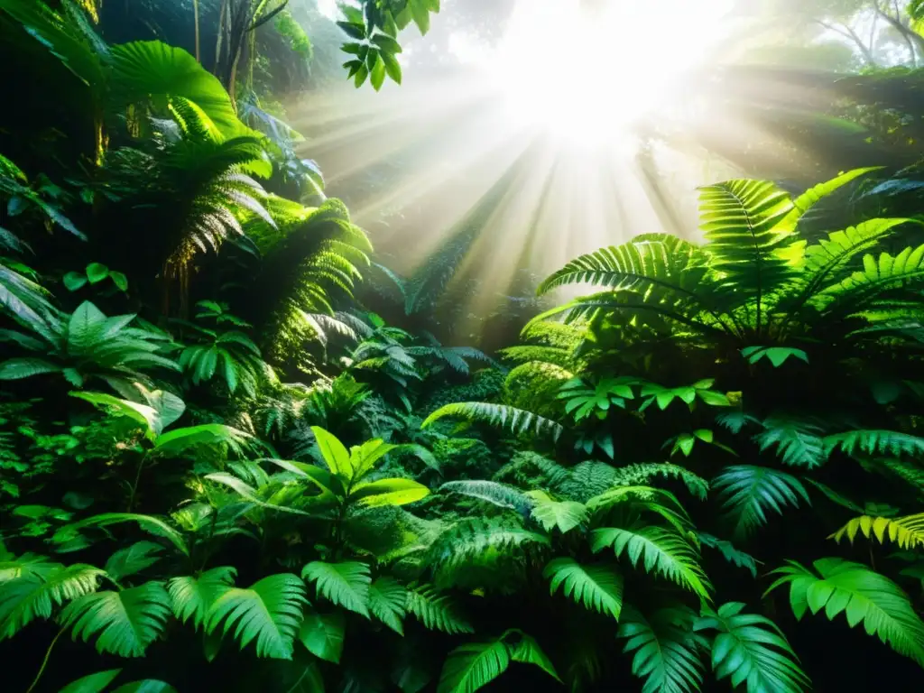 Imagen impactante de un exuberante y diverso ecosistema de selva con rayos de sol entre el dosel