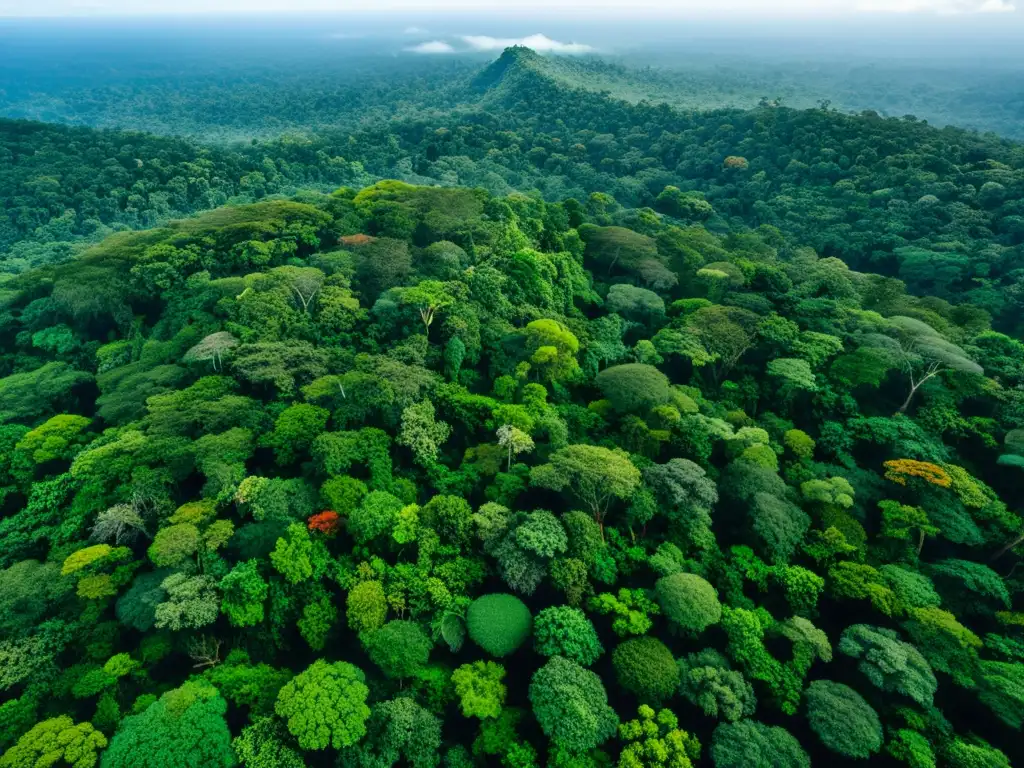 Imagen impactante de un exuberante y diverso bosque lluvioso, destacando la biodiversidad y el efecto extinción masiva biodiversidad holoceno