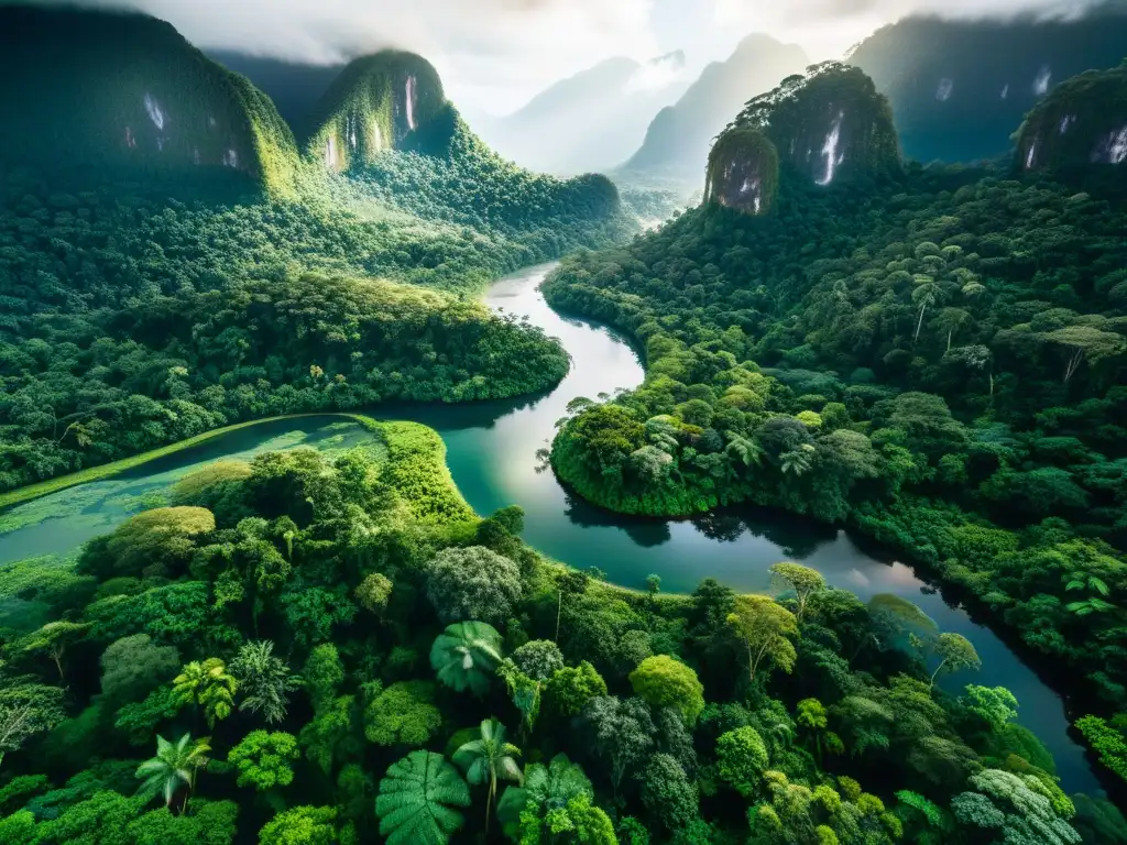 Imagen impactante de un exuberante y diverso bosque tropical, con un río cristalino