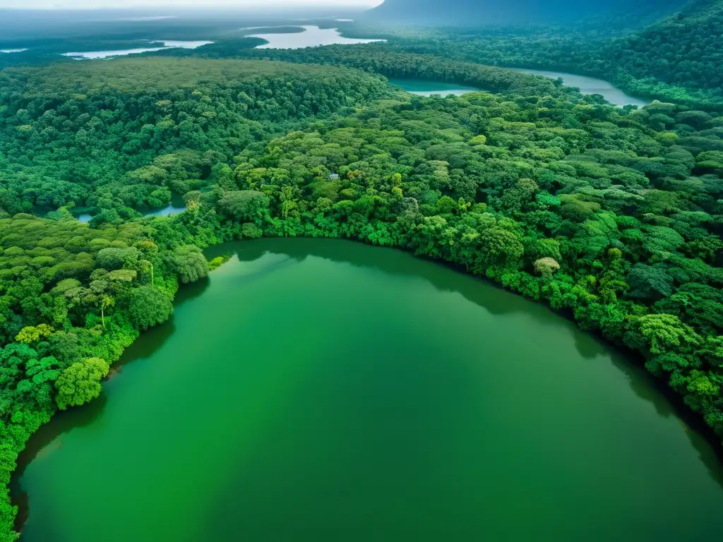 Imagen impactante de un exuberante ecosistema biodiverso con selva tropical, ríos serpenteantes y montañas neblinosas