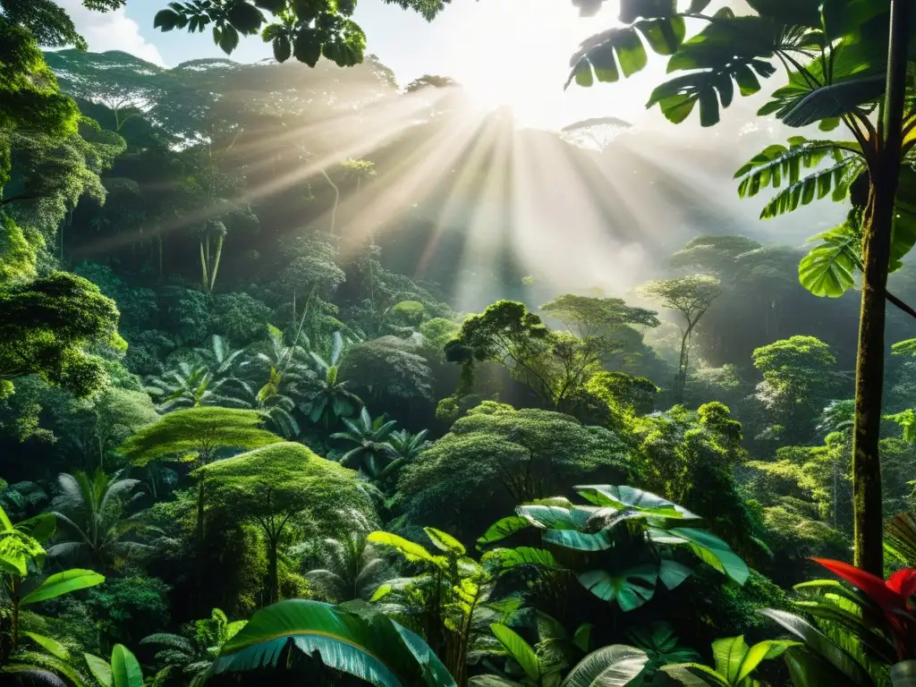 Imagen impactante de la exuberante selva amazónica, con vida silvestre variada y una luz mágica