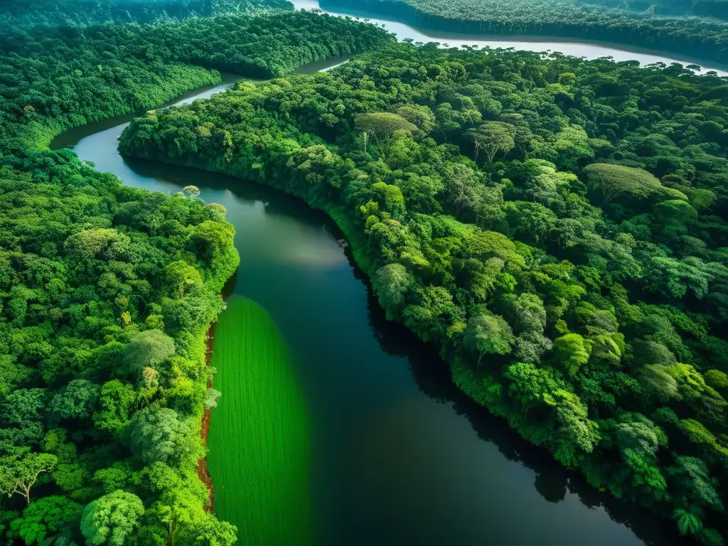Amazonía: Belleza salvaje en 8k Imagen impactante de la exuberante selva amazónica, con su vegetación frondosa, variada fauna y un río serpenteante