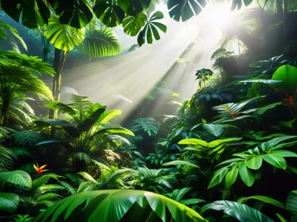 Imagen impactante de un exuberante y vibrante bosque tropical, destacando la diversa flora y fauna, con la luz del sol filtrándose a través del denso dosel y creando un hipnotizante juego de luces y sombras en el suelo del bosque