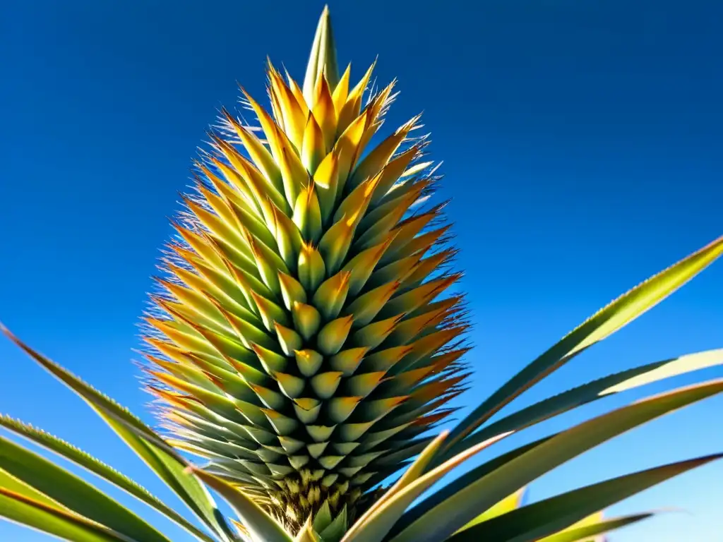 Una imagen impactante de la flora única de los Andes: la imponente Puya Raimondi, con sus espinosas inflorescencias alcanzando el cielo azul