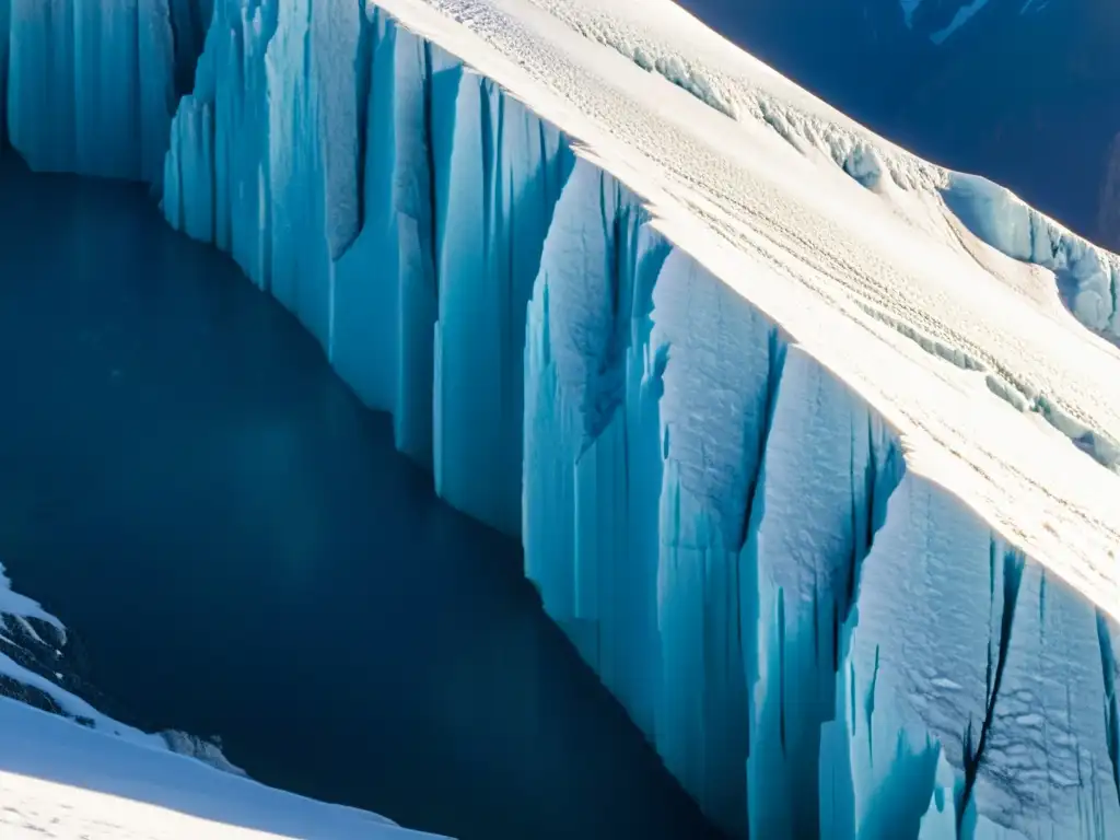 Imagen impactante de un glaciar derritiéndose, con patrones de hielo y montañas al fondo, reflejando el aumento de patógenos en ecosistemas