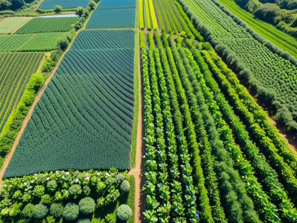 Imagen impactante de una granja orgánica, con cultivos vibrantes y un ecosistema delicado bajo el sol