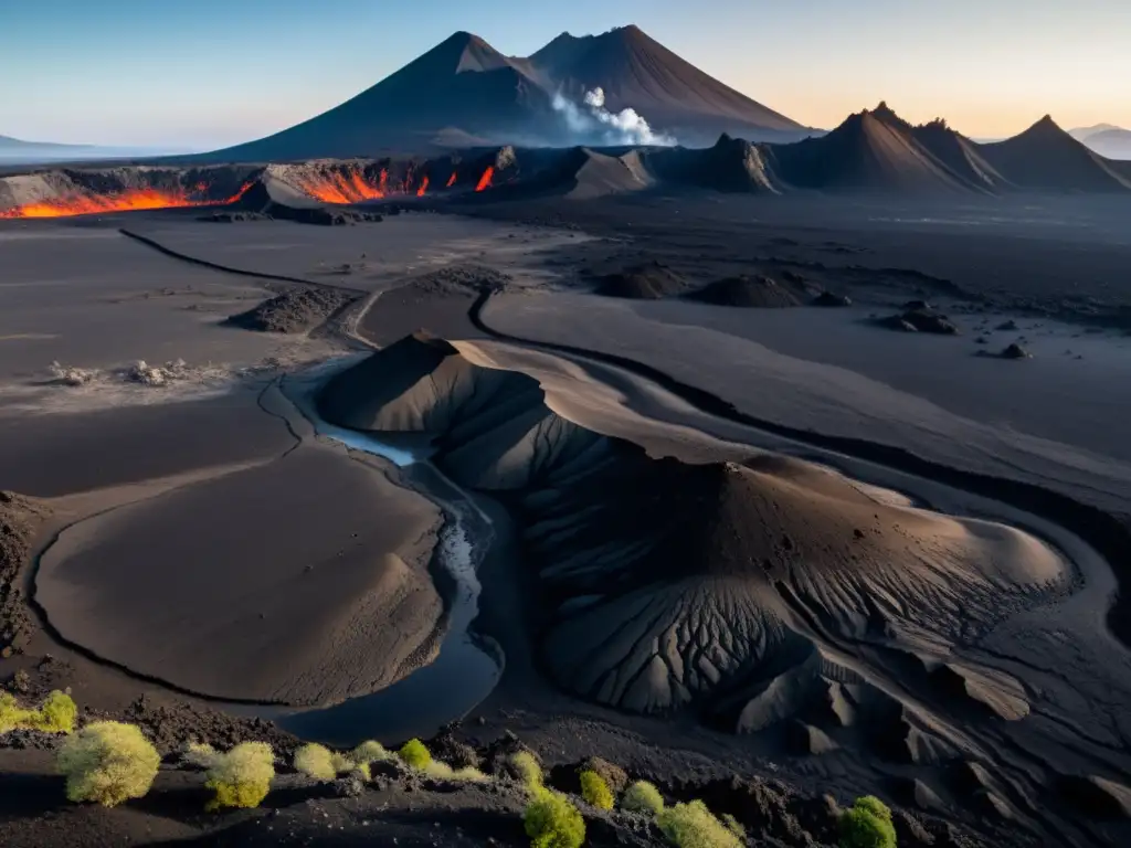 Imagen impactante del impacto de la actividad volcánica en ecosistemas: paisaje volcánico desolado contrastado con signos de recuperación ecológica