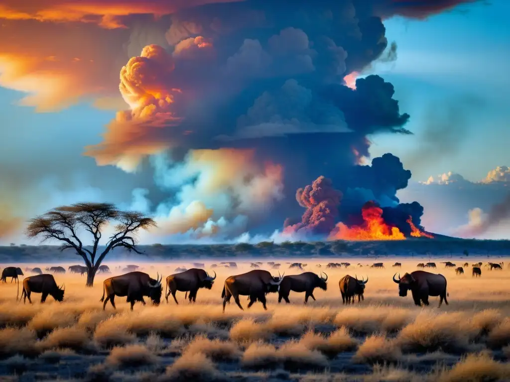 Imagen impactante de la importancia del fuego en sabanas: un paisaje de llamas en la vasta sabana, con el cielo azul de fondo y animales huyendo