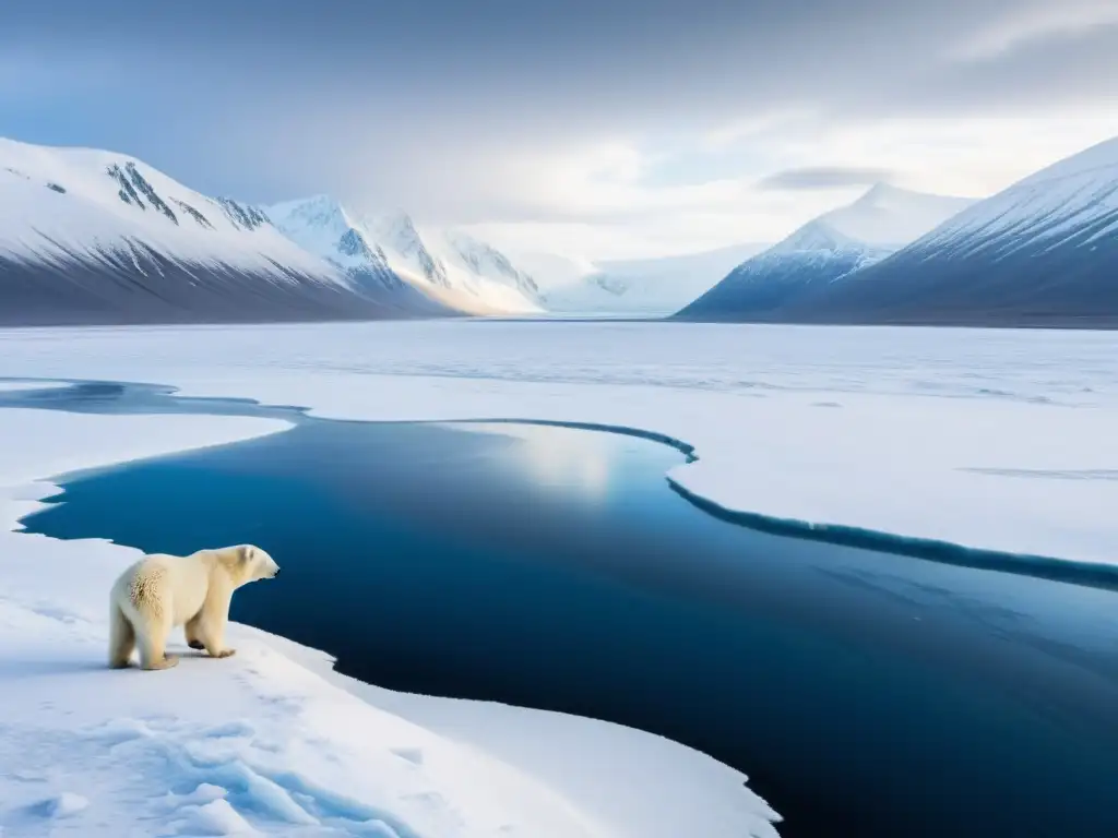 Imagen impactante de la inspiración en la tundra: vasta extensión helada, montañas nevadas, río serpenteante y un solitario oso polar