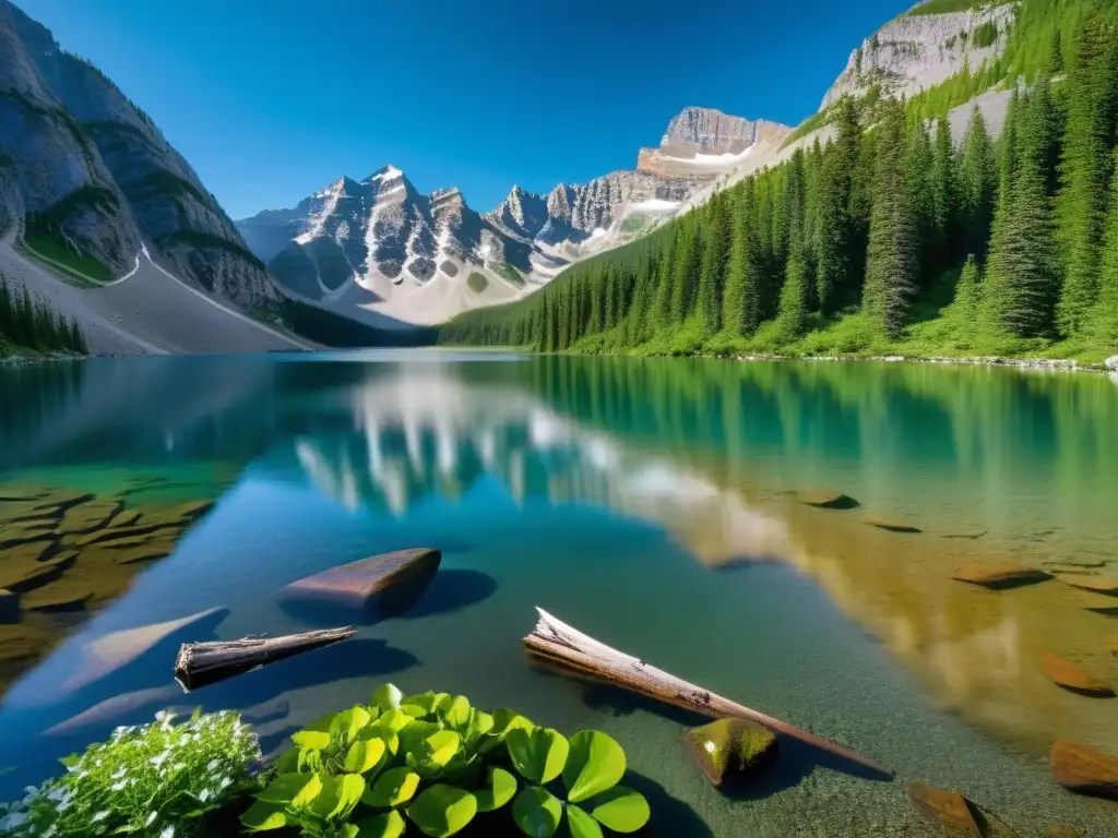 Imagen impactante de un lago de montaña rodeado de picos, reflejando el cielo azul y vegetación exuberante