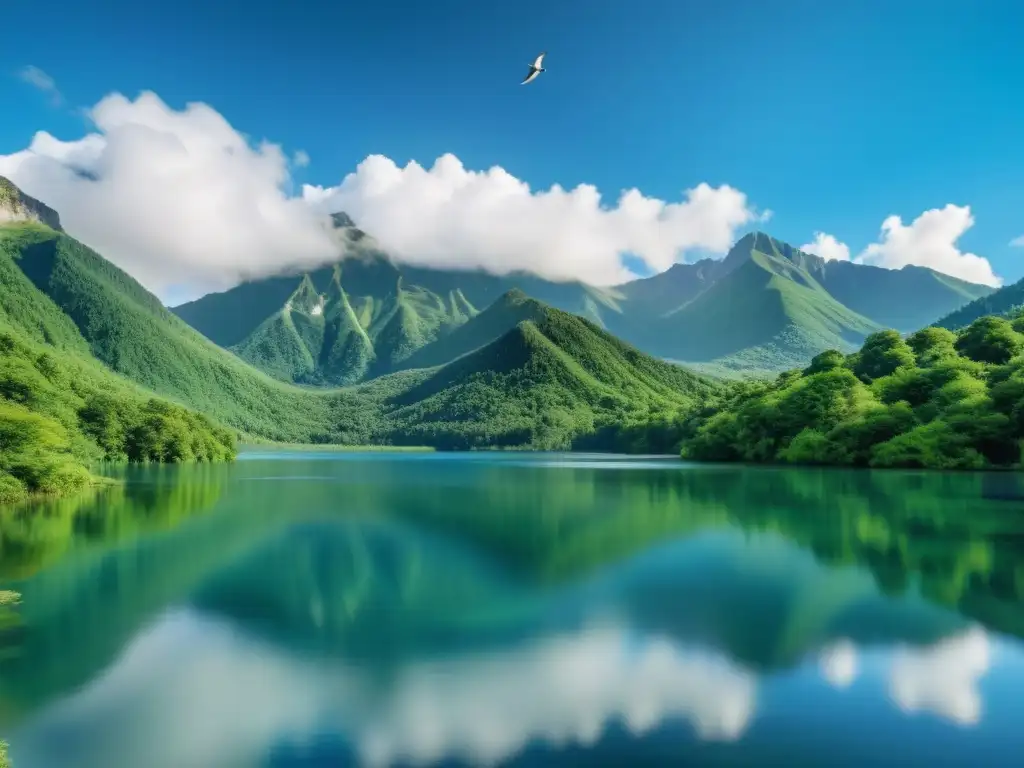 Imagen impactante de un lago sereno rodeado de exuberante vegetación, reflejando el cielo azul