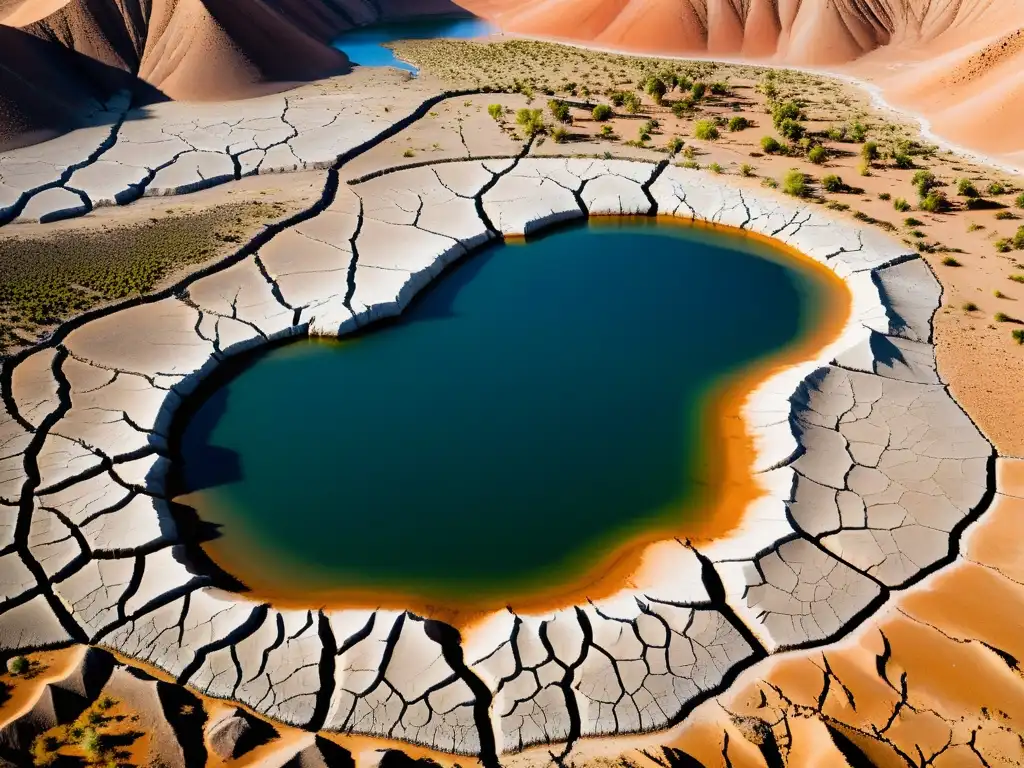 Imagen impactante de un lago temporal en un paisaje árido, destacando el ciclo de vida de lagos temporales y la vida que albergan