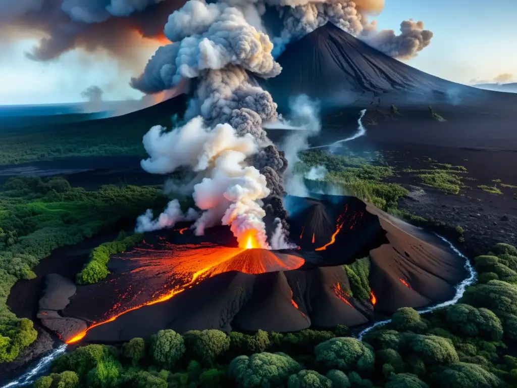 Imagen impactante de erupción volcánica, con lava ardiente y exuberante vegetación, mostrando el impacto de la actividad volcánica en ecosistemas