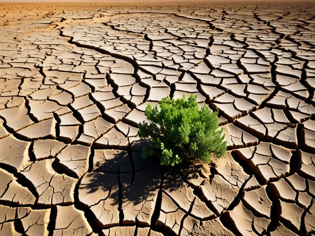 Imagen impactante de un lecho de río agrietado y reseco bajo el sol abrasador, con plantas marchitas luchando por sobrevivir en un paisaje árido