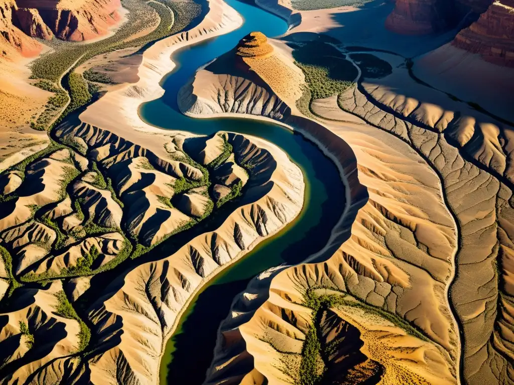 Imagen impactante de un lecho de río seco en el desierto, con patrones de tierra agrietada y vegetación resistente