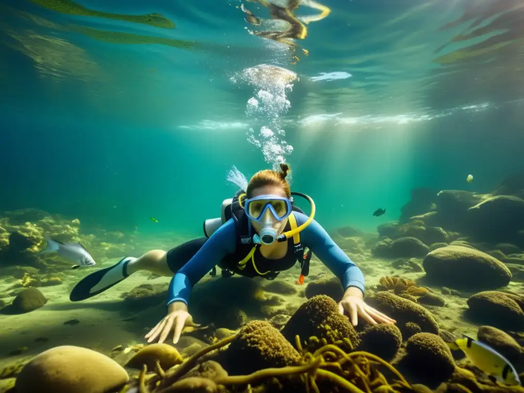 Imagen impactante de un lecho de río contaminado, reflejando la lucha de la vida acuática