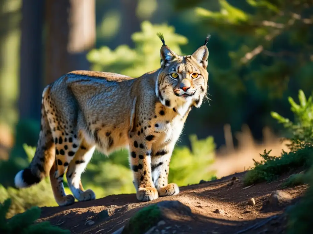 Imagen impactante de un lince ibérico en peligro de extinción, con su mirada cautivadora en un bosque iluminado por el sol