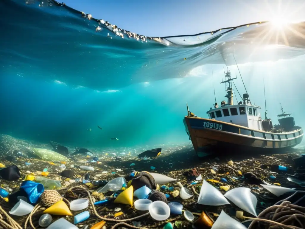 Imagen impactante de la lucha por la supervivencia en mares sobreexplotados, con un barco rodeado de desechos y vida marina luchando