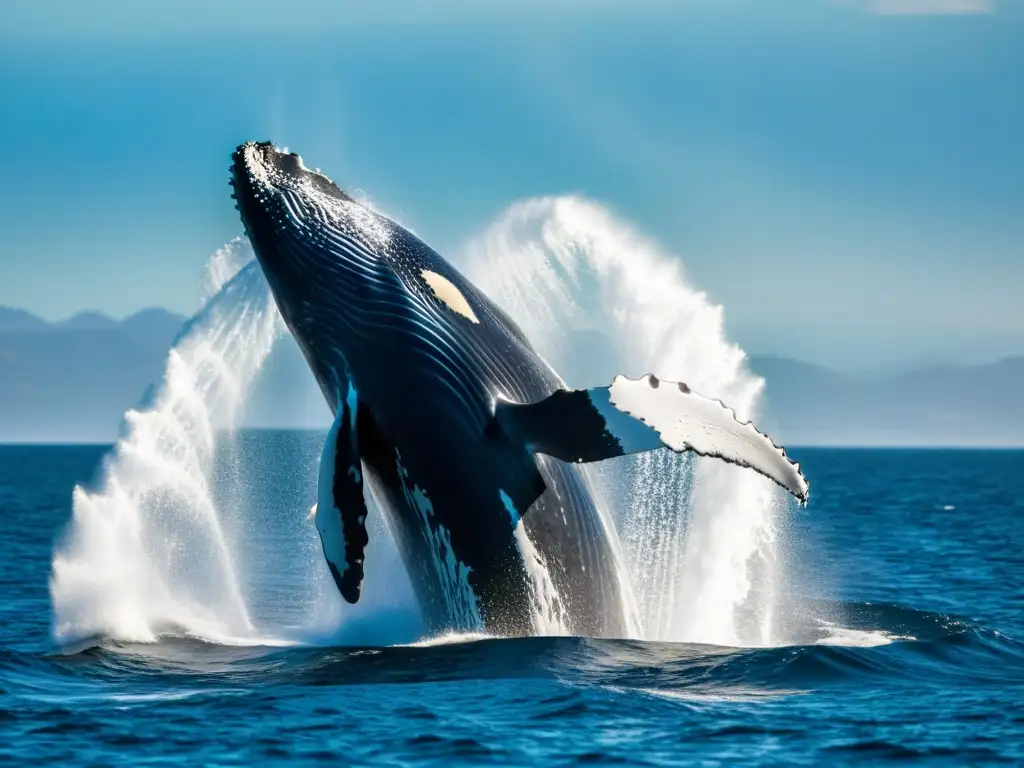 Imagen impactante de una majestuosa ballena jorobada emergiendo del océano, con gotas de agua suspendidas en el aire a su alrededor