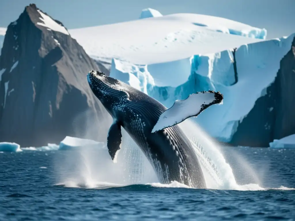 Imagen impactante de una majestuosa ballena jorobada en aguas antárticas, destacando la conservación de los ecosistemas marinos Antárticos