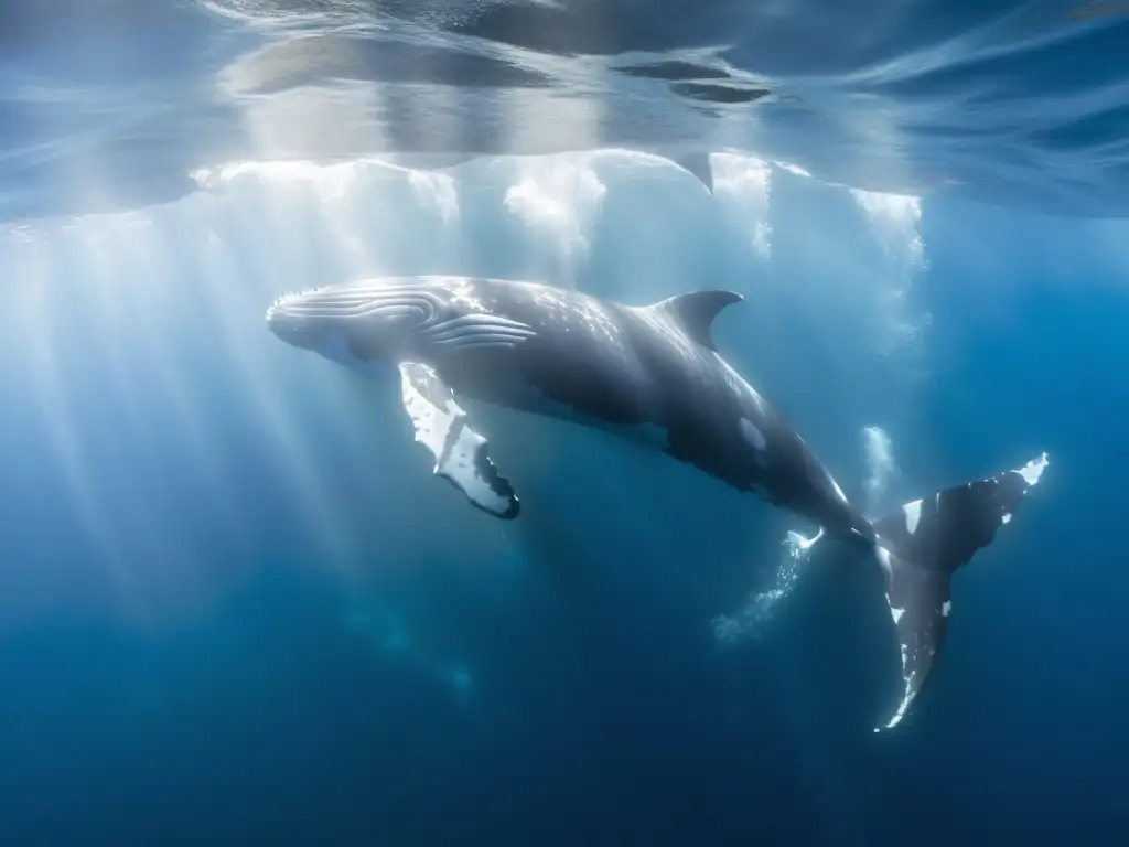 Imagen impactante de una manada de majestuosas ballenas jorobadas nadando en aguas cristalinas, destacando su rol ecosistémico