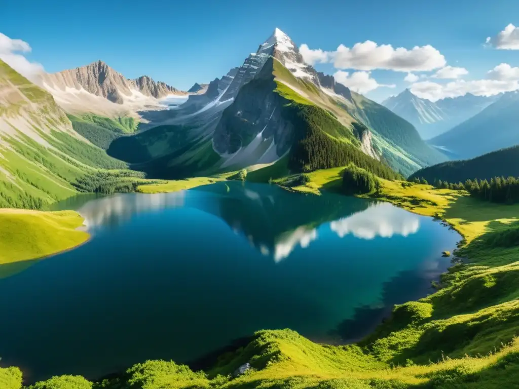 Imagen impactante de montañas nevadas, valles verdes y un lago sereno