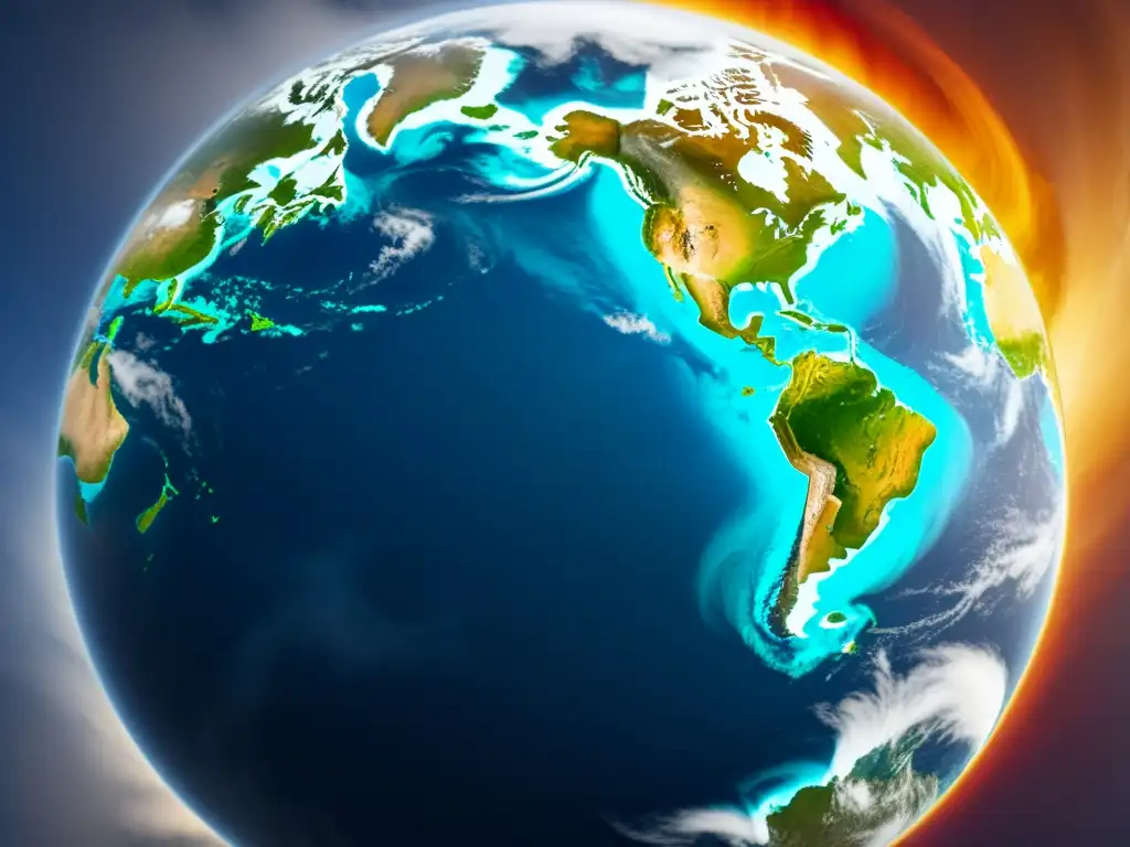 Imagen impactante del mundo rodeado de patrones climáticos dinámicos, navegando predicciones climáticas en un mundo en cambio