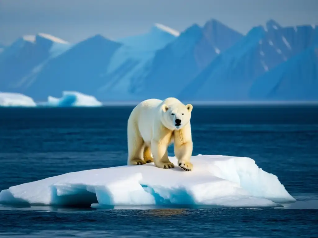 Imagen impactante de un oso polar en un témpano de hielo, reflejando la transformación de los ecosistemas polares ante el cambio climático